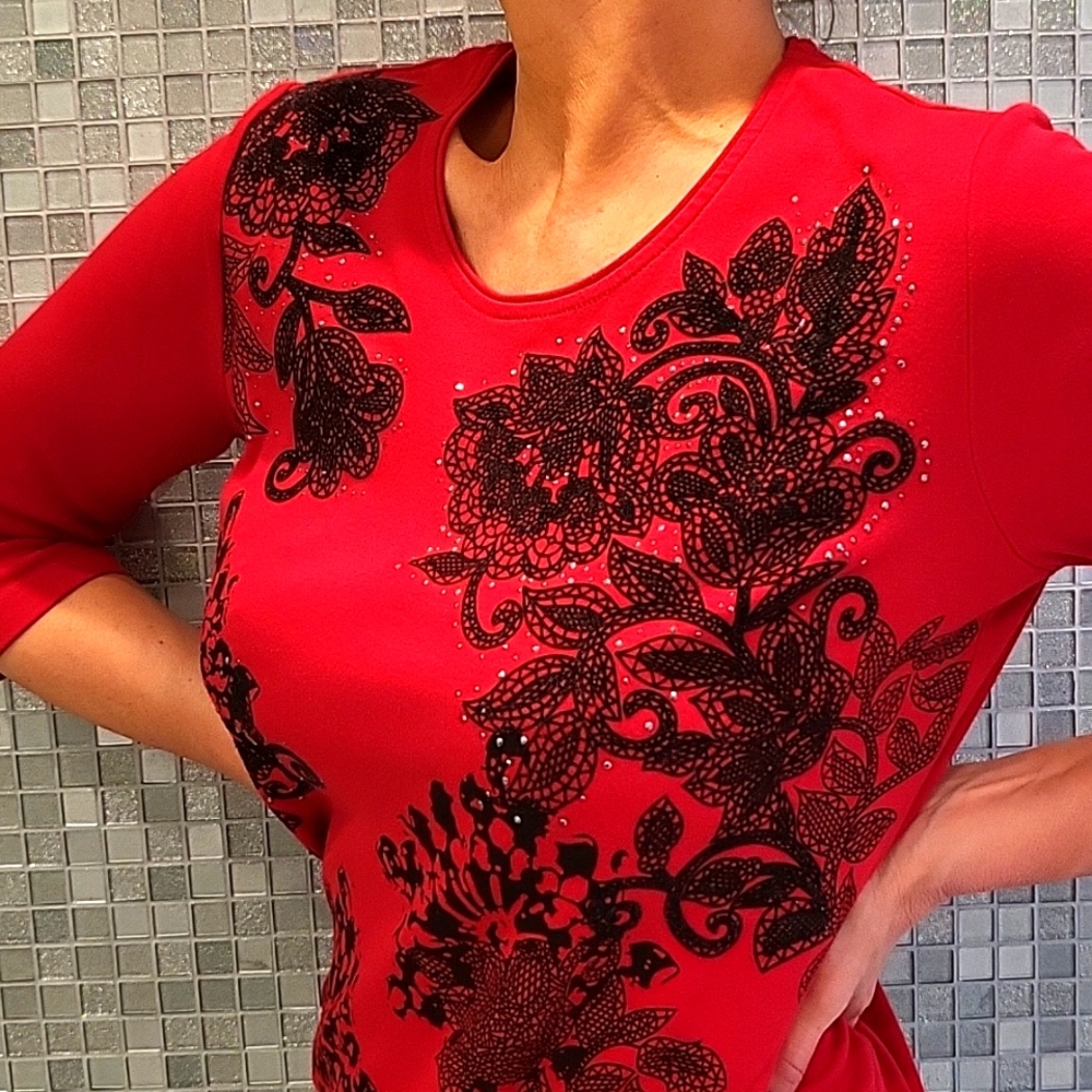 Sexy Red Alia 3/4 Sleeve Top with Black Lace Floral Print, Silver Studs, *PS
